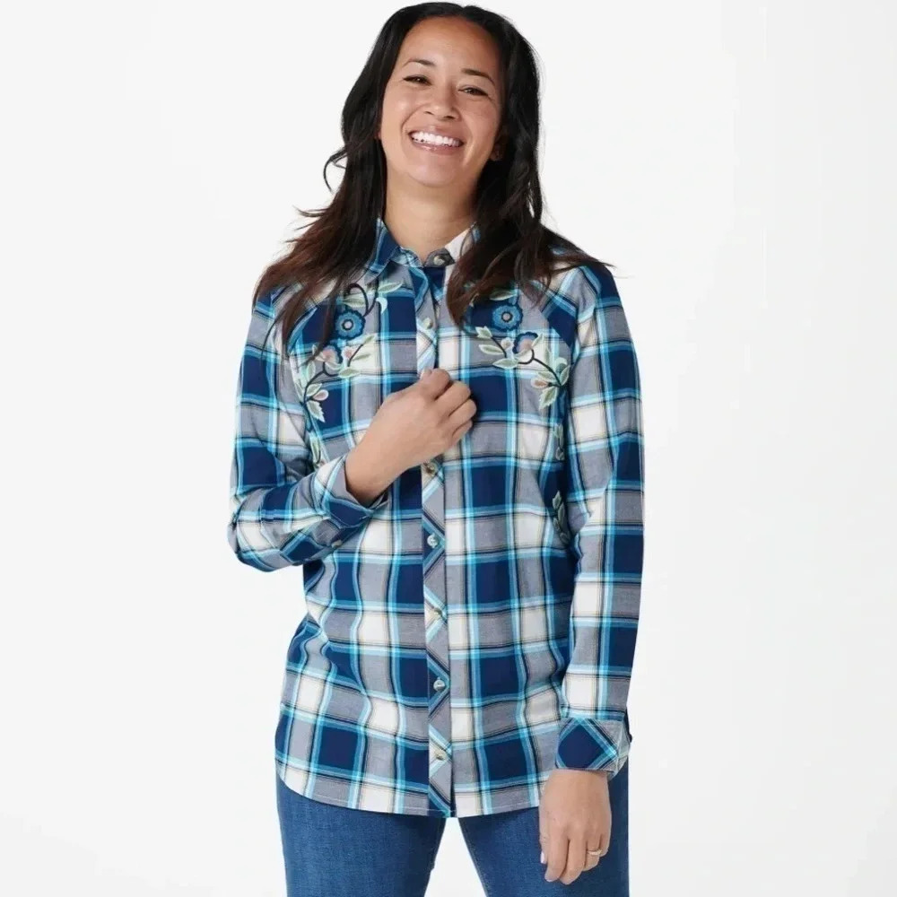 Tolani Blue Plaid Floral Embroidered Button Down Top Size XL NWT